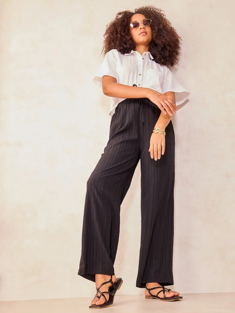OUTZIDR Black Textured Pull On Wide Leg Trouser